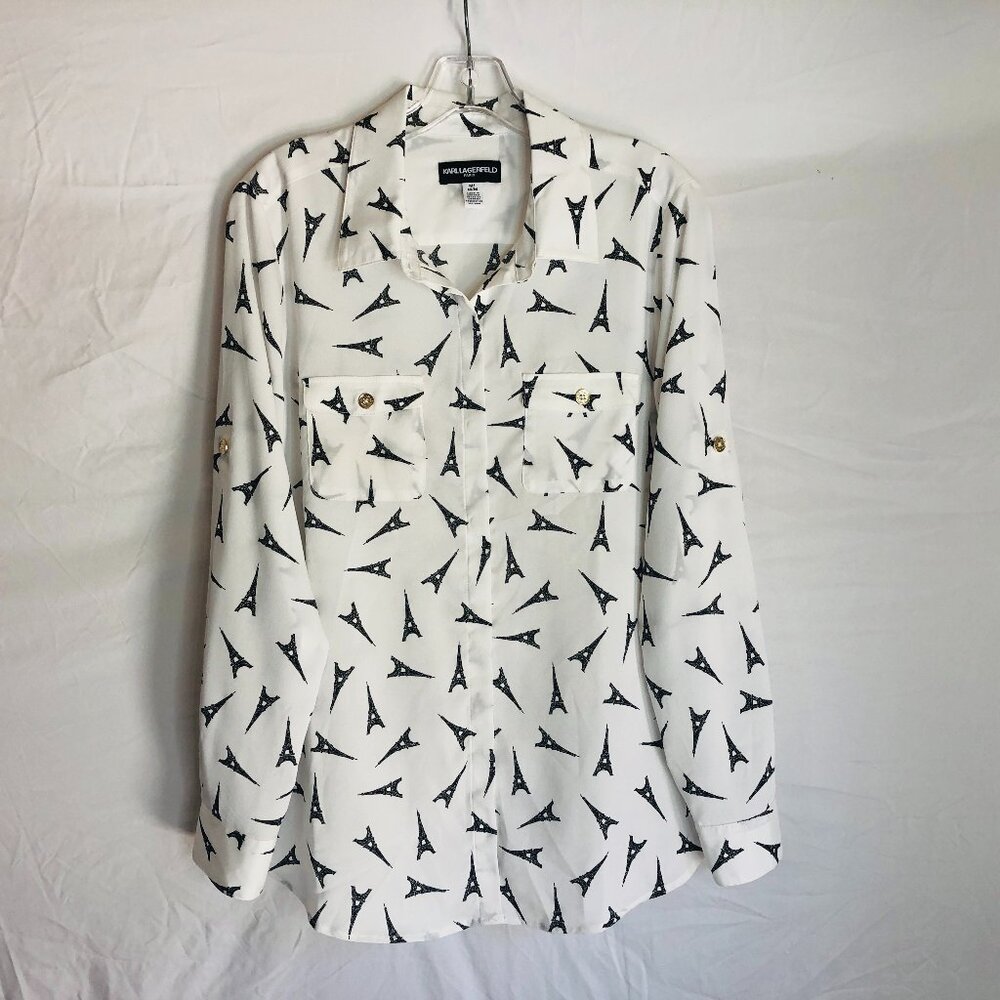 Karl Lagerfeld Women's Size Medium Eiffel Tower Print Button Up Blouse Top